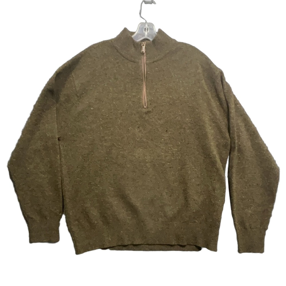 ORVIS Men's XL Quarter Zip Sweater Green Wool Suede Trim Pullover Knit Mock Neck